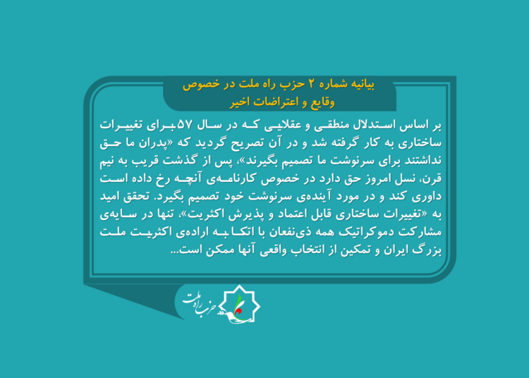 بیانیه شماره 2 حزب راه ملت در خصوص وقایع و اعتراضات اخیر. راهکارهای پیش رو